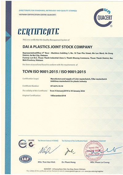 ISO 9001:2015 - Hạt Nhựa Màu DAPLAST - Công Ty Cổ Phần DAPLAST